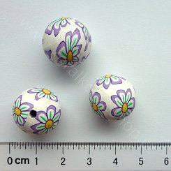 Fimo kulička - bílá s fialovými kytičkami - 15 mm
