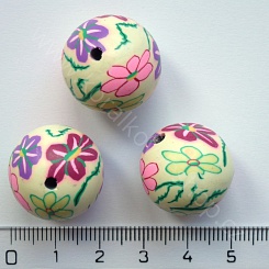 Fimo kulička - krémová s květy - 20 mm